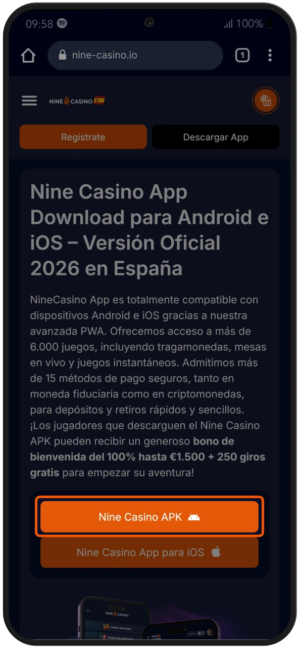 Instala la aplicación de casino online Nine Casino y juega en cualquier momento y en cualquier lugar.