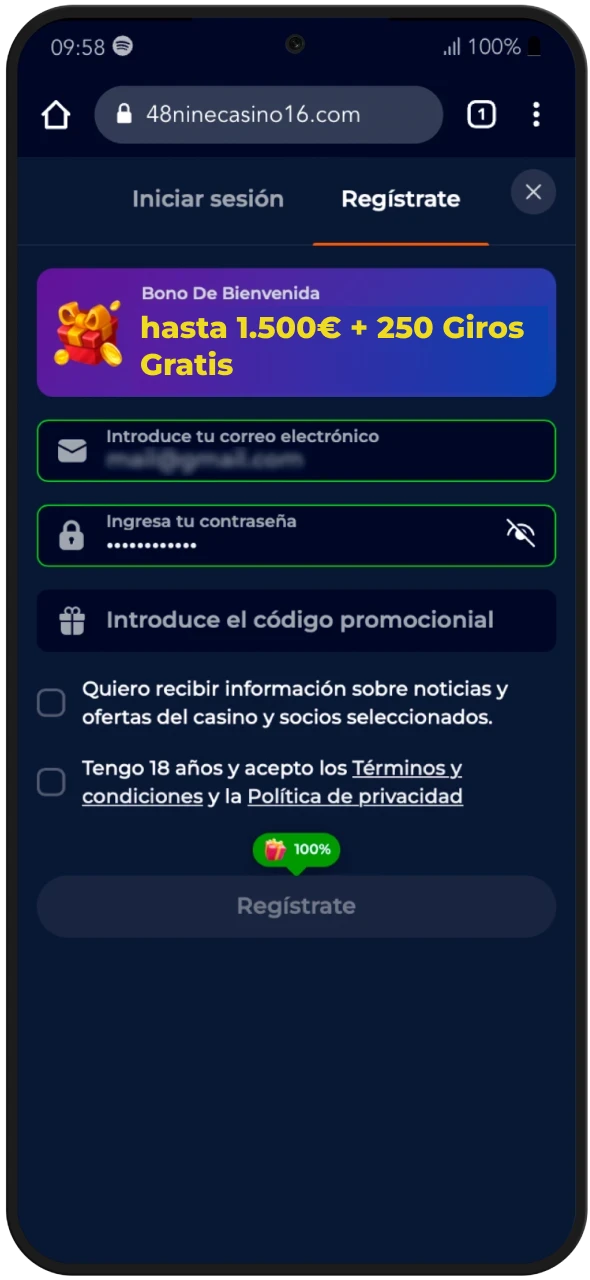 Para comenzar a instalar la aplicación de casino en línea Nine Casino, debe registrarse.