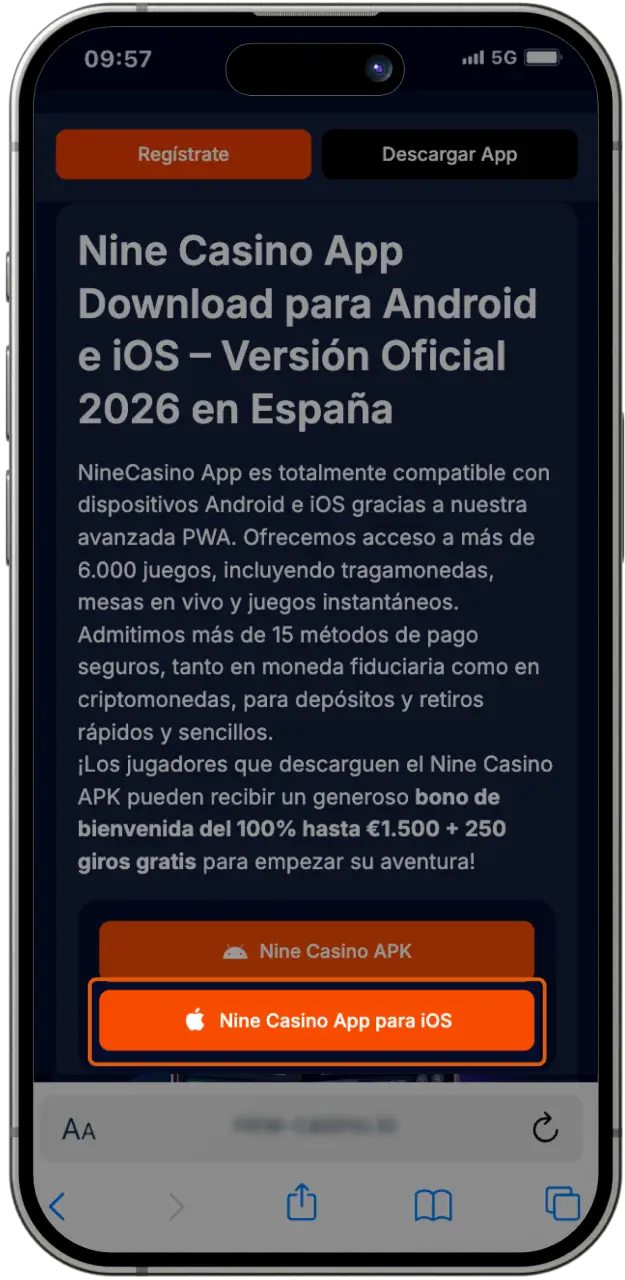 Descargue la aplicación de casino en línea Nine Casino para su teléfono iOS.
