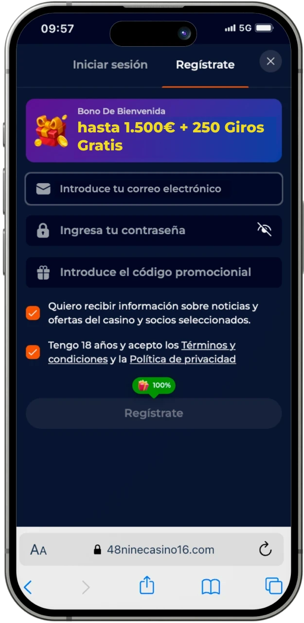 Antes de instalar la aplicación, debe iniciar sesión en el sitio web del casino en línea Nine Casino.