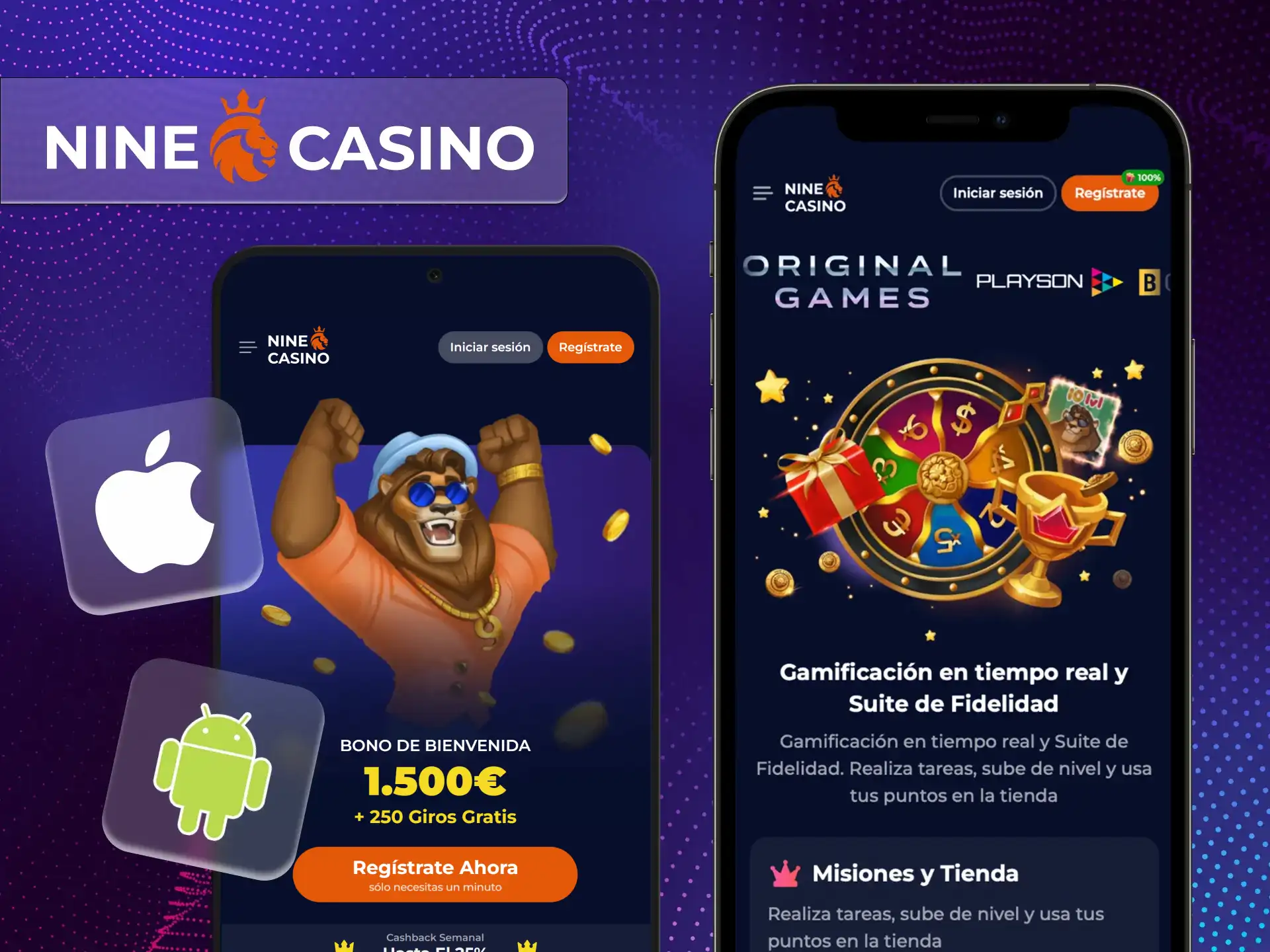 Interfaz de la aplicación móvil de Nine Casino.