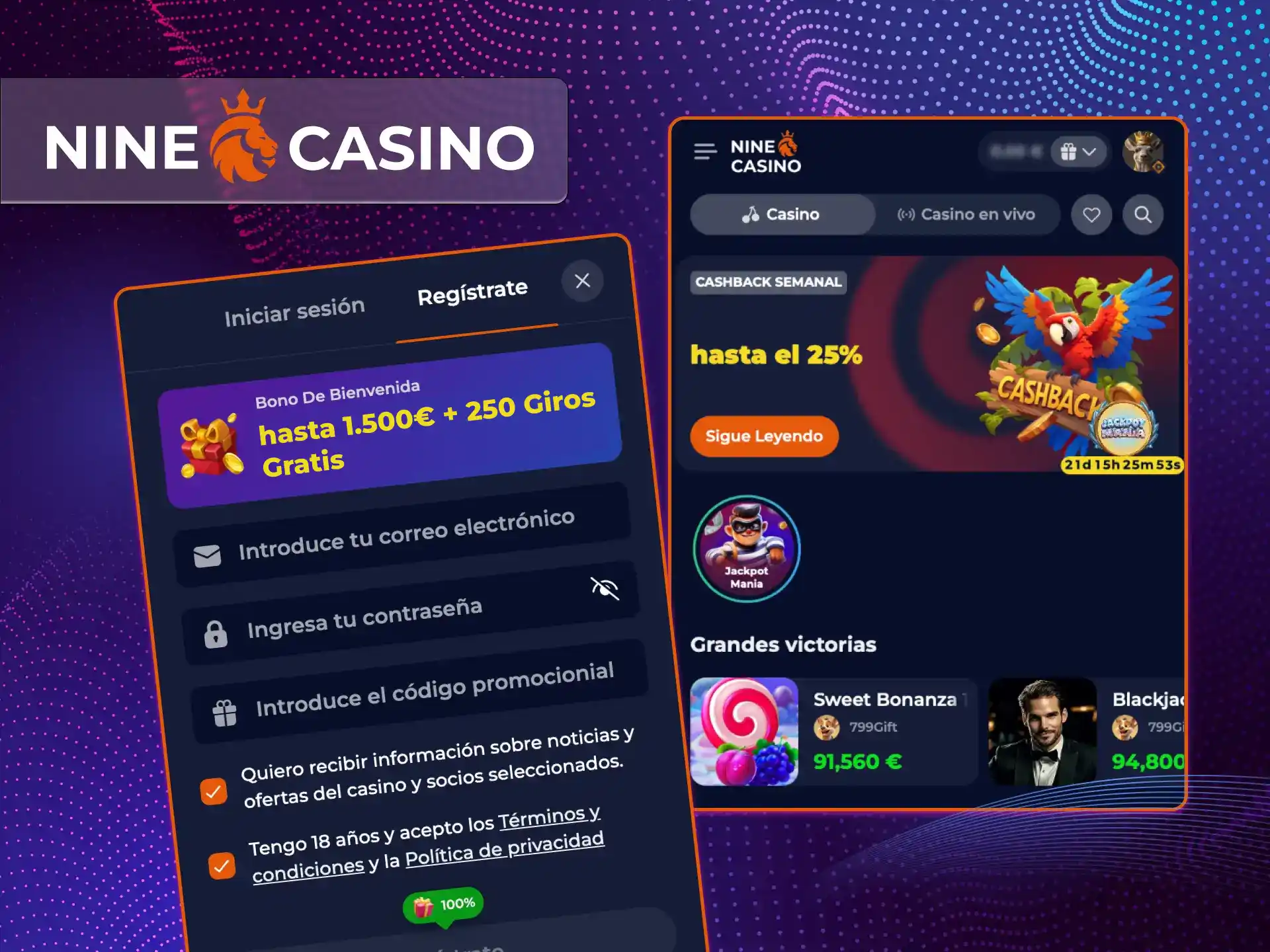 Formulario de registro de Nine Casino.