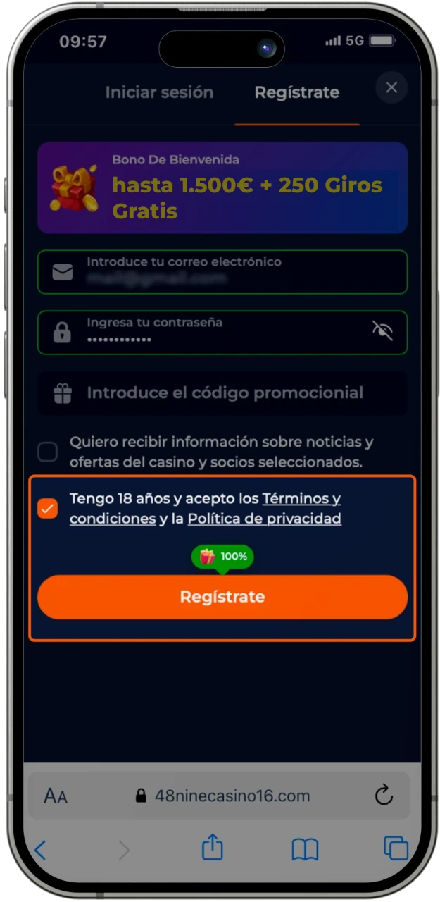 Completa el proceso de registro en el casino online Nine Casino y realiza tus apuestas deportivas.