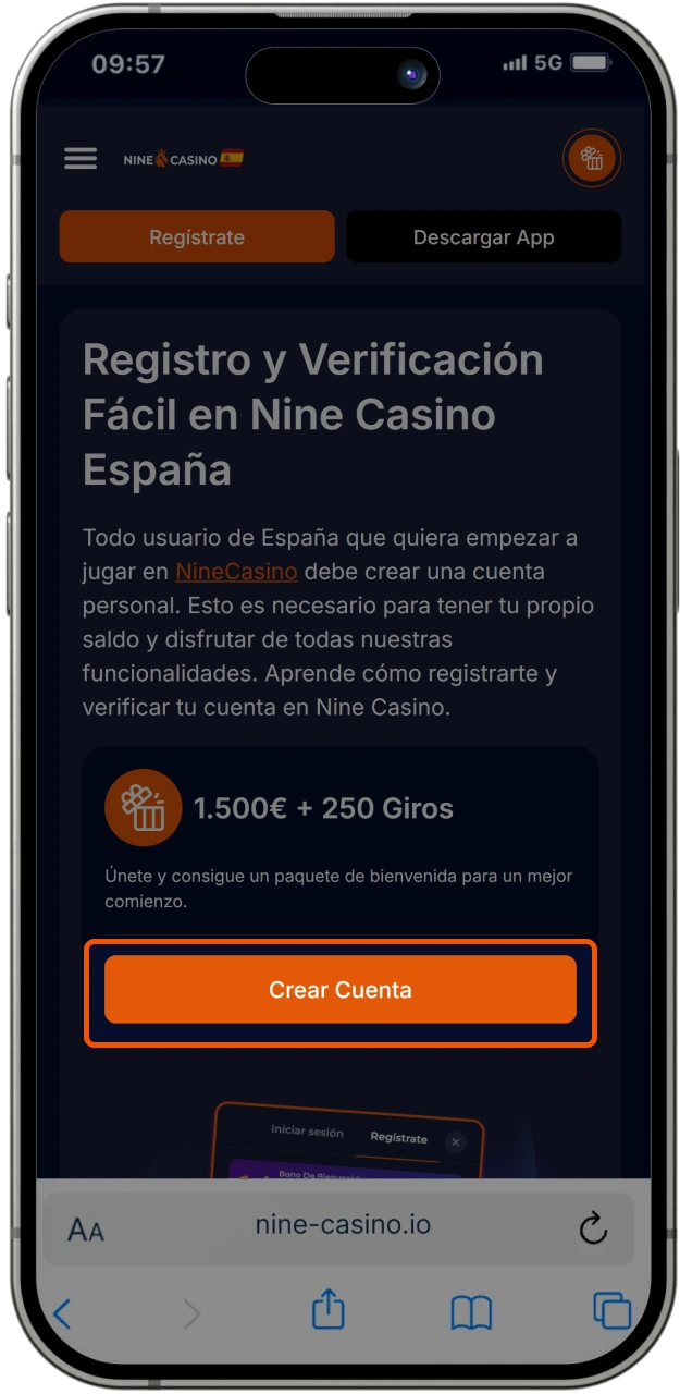 Visita el sitio web del casino en línea Nine Casino y regístrate.